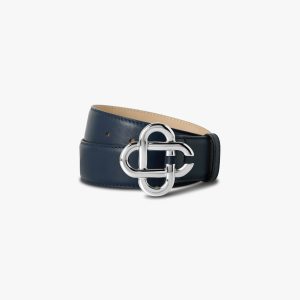 Men's Navy & Silver Classic Leather CC Logo Belt