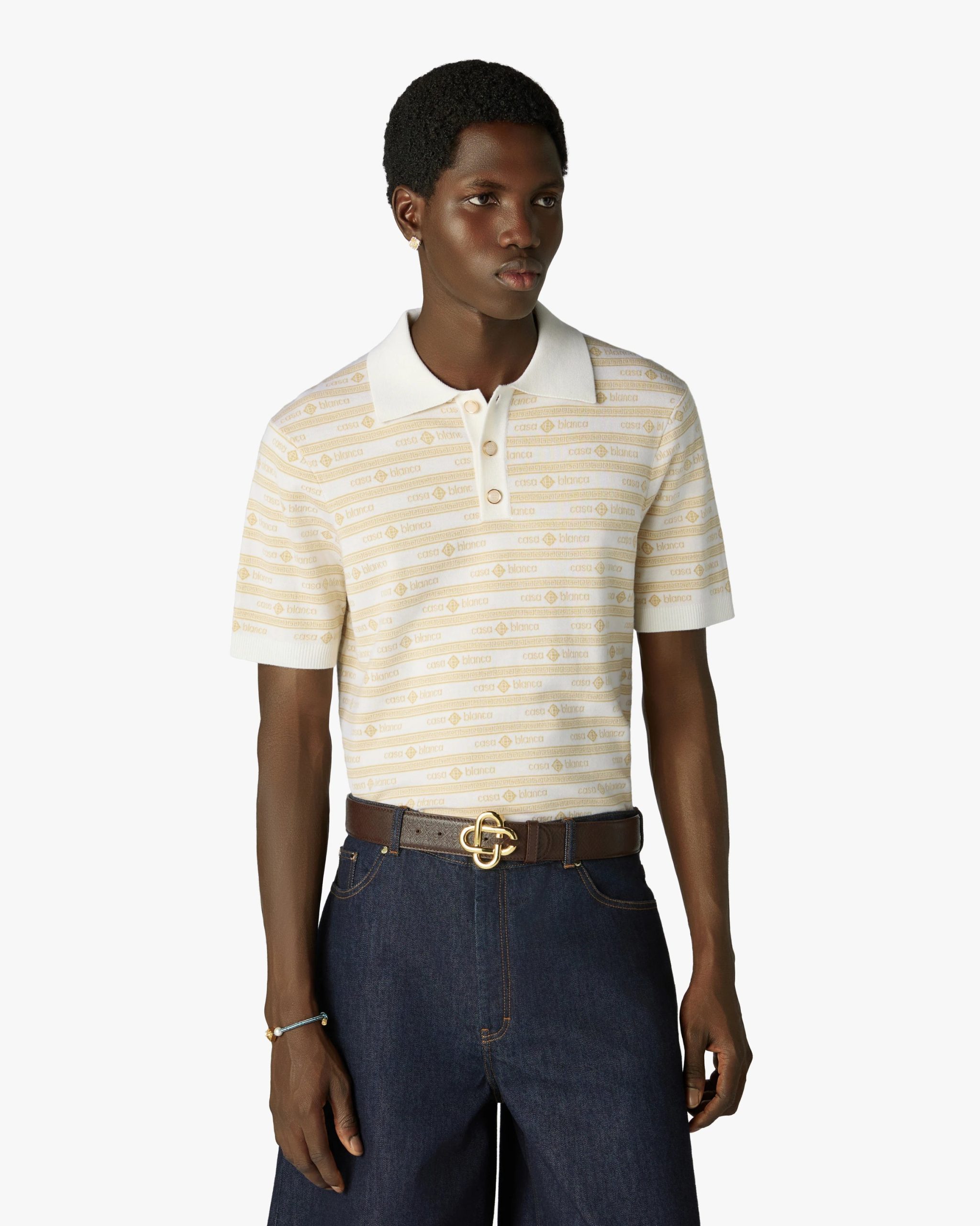 Men's Brown & Gold Leather Monogram CC Belt - Image 2