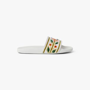 Men's White Embroidered Terry Slides
