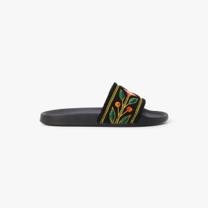 Men's Black Embroidered Terry Slides
