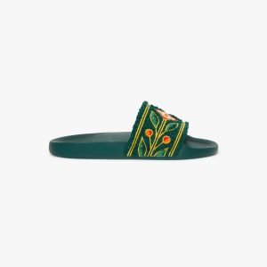 Women's Green Embroidered Terry Slides