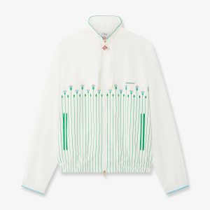 White & Green Floral Striped Sporty Windbreaker Jacket