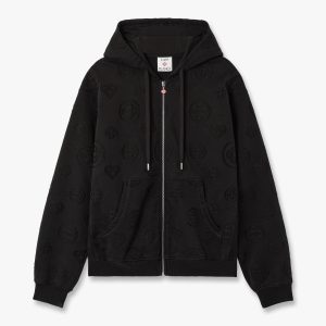 Black Applique Monogram Zip-Up Hooded Sweatshirt