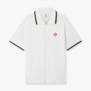 White Striped Velour Zip-Up Short Sleeve Shirt