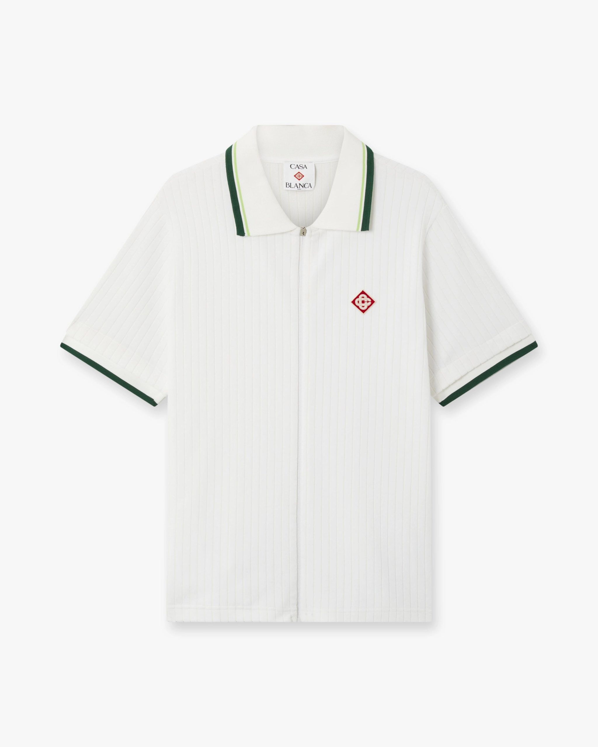 White Striped Velour Zip-Up Short Sleeve Shirt