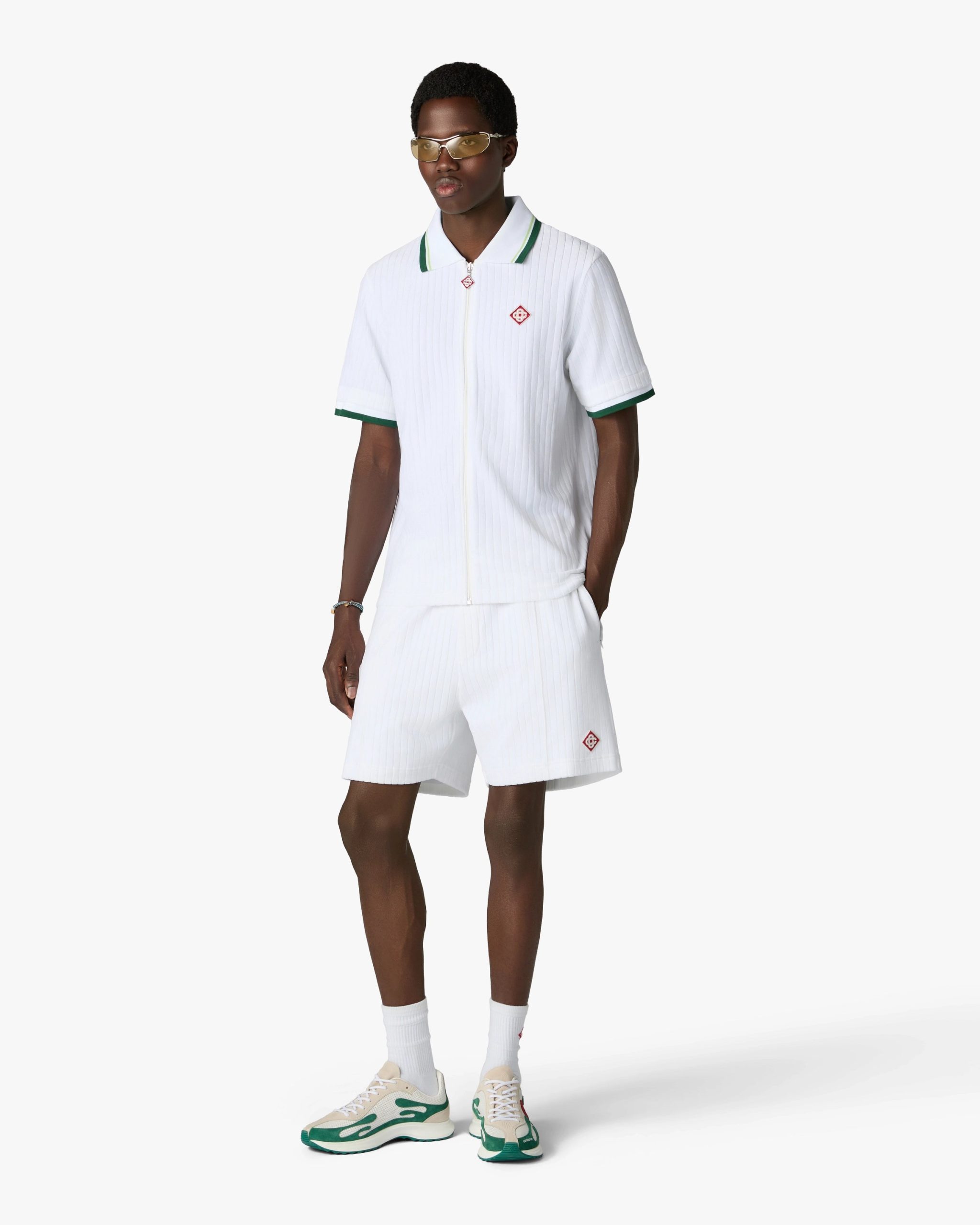 White Striped Velour Zip-Up Short Sleeve Shirt - Image 2