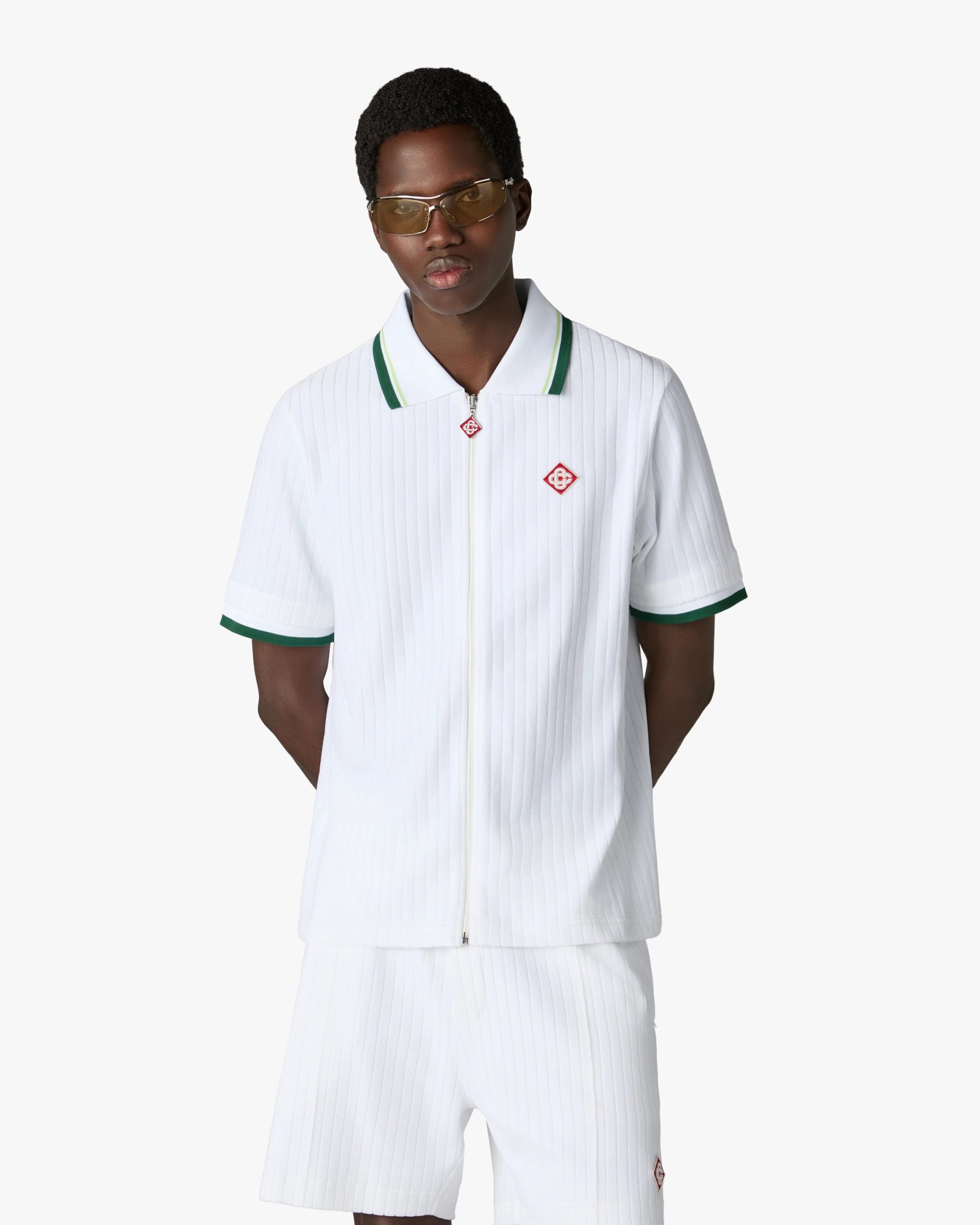 White Striped Velour Zip-Up Short Sleeve Shirt - Image 4