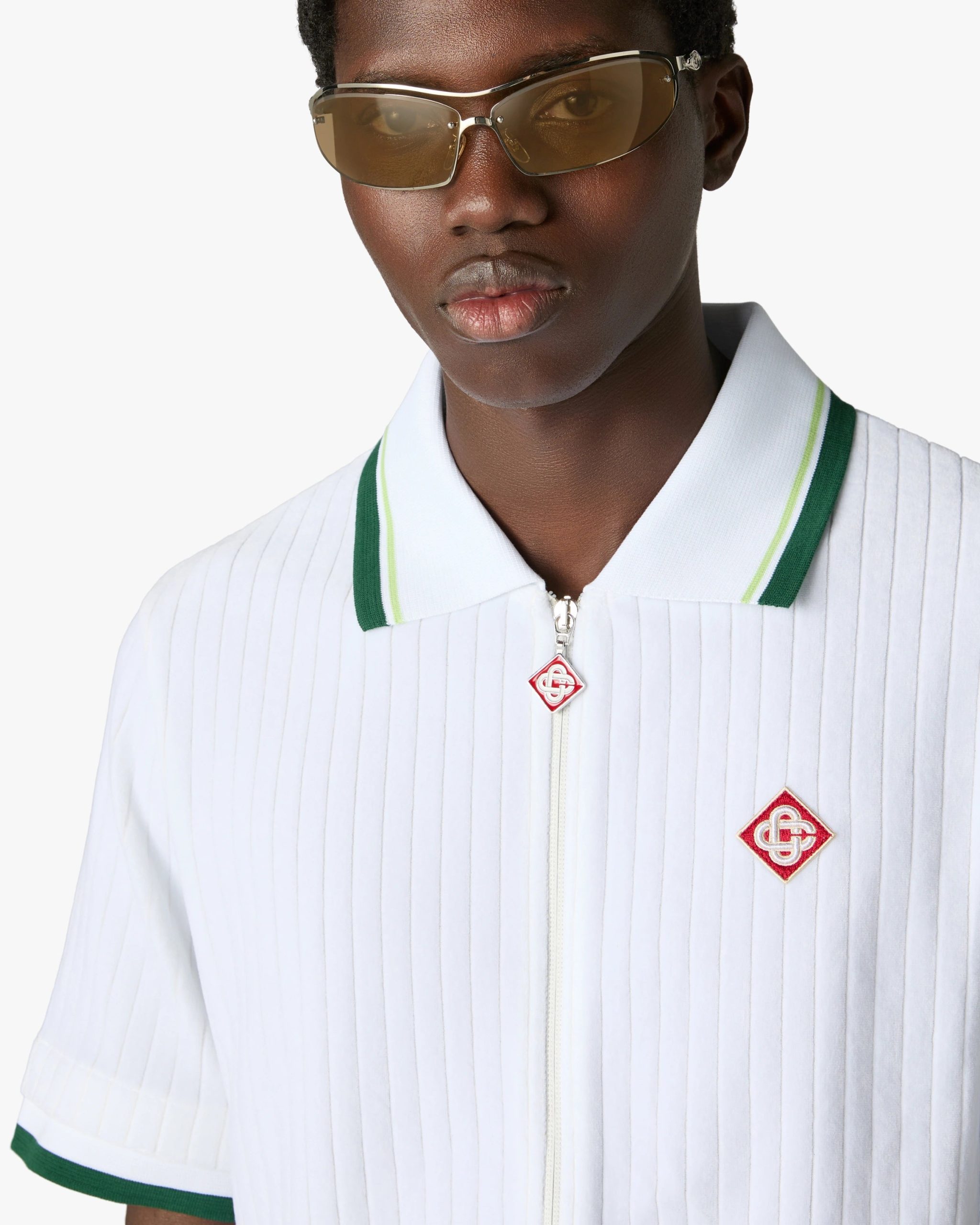 White Striped Velour Zip-Up Short Sleeve Shirt - Image 5