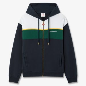 Navy & Green Panelled Zip-Up Hooded Sweatshirt
