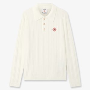 White Boucle Long Sleeve Polo Shirt