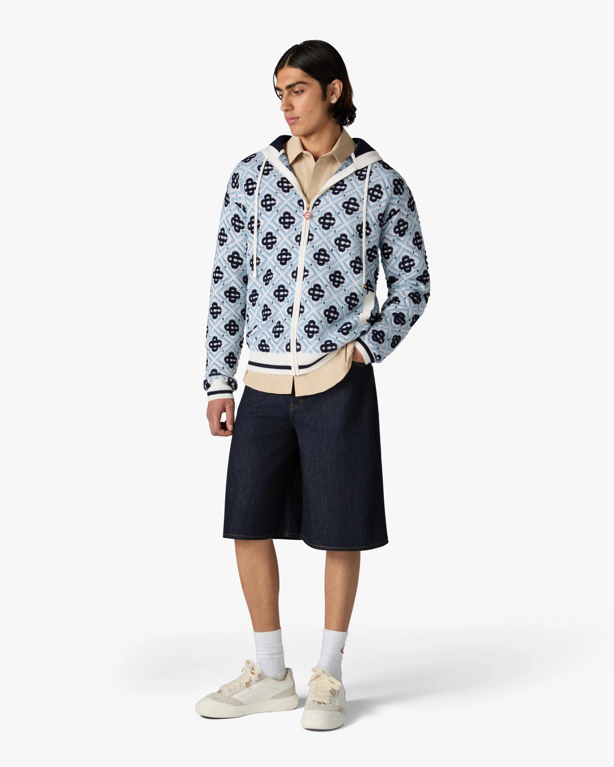 Blue Merino Monogram Zip-Up Hooded Sweatshirt - Image 2
