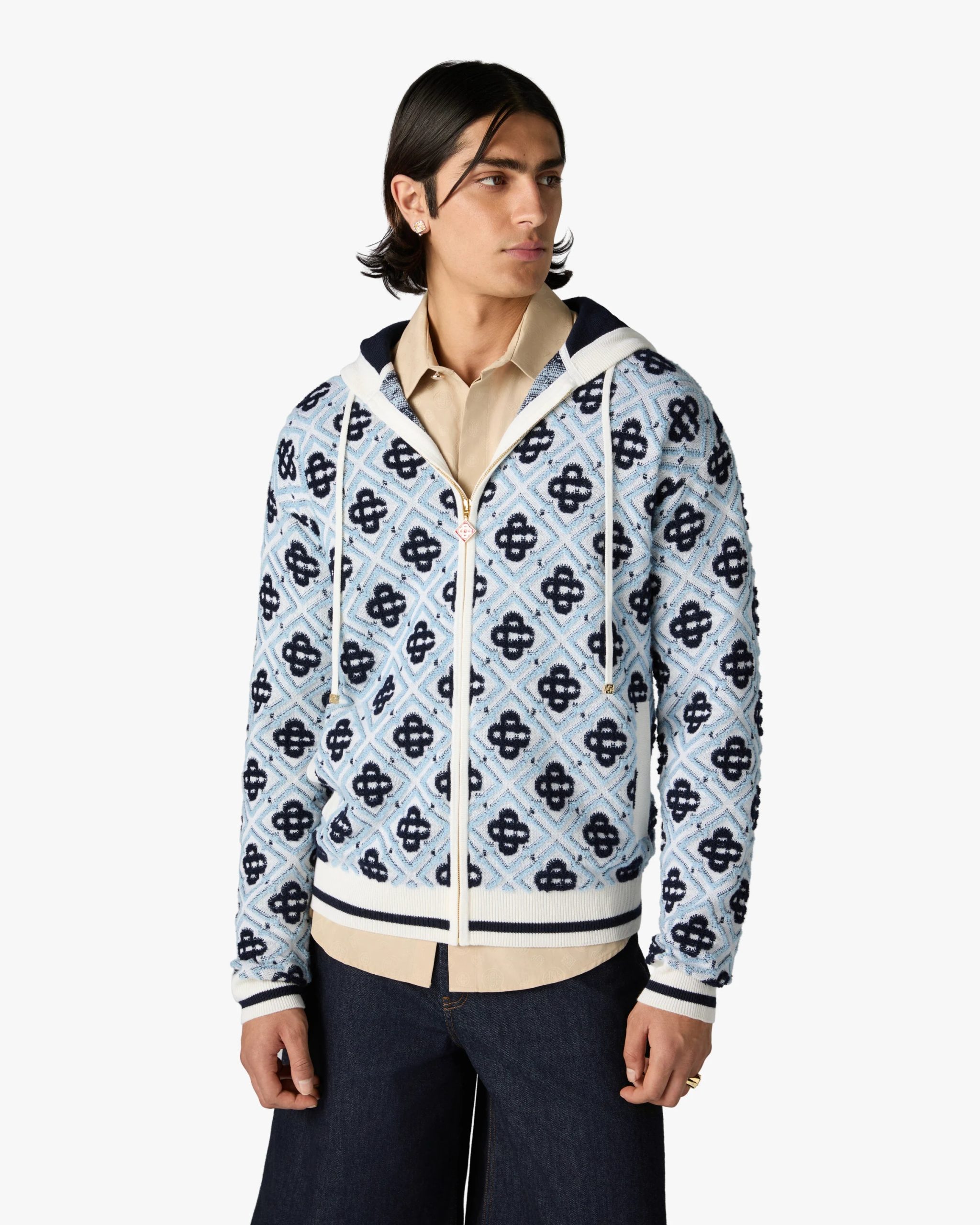 Blue Merino Monogram Zip-Up Hooded Sweatshirt - Image 4