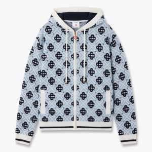 Blue Merino Monogram Zip-Up Hooded Sweatshirt