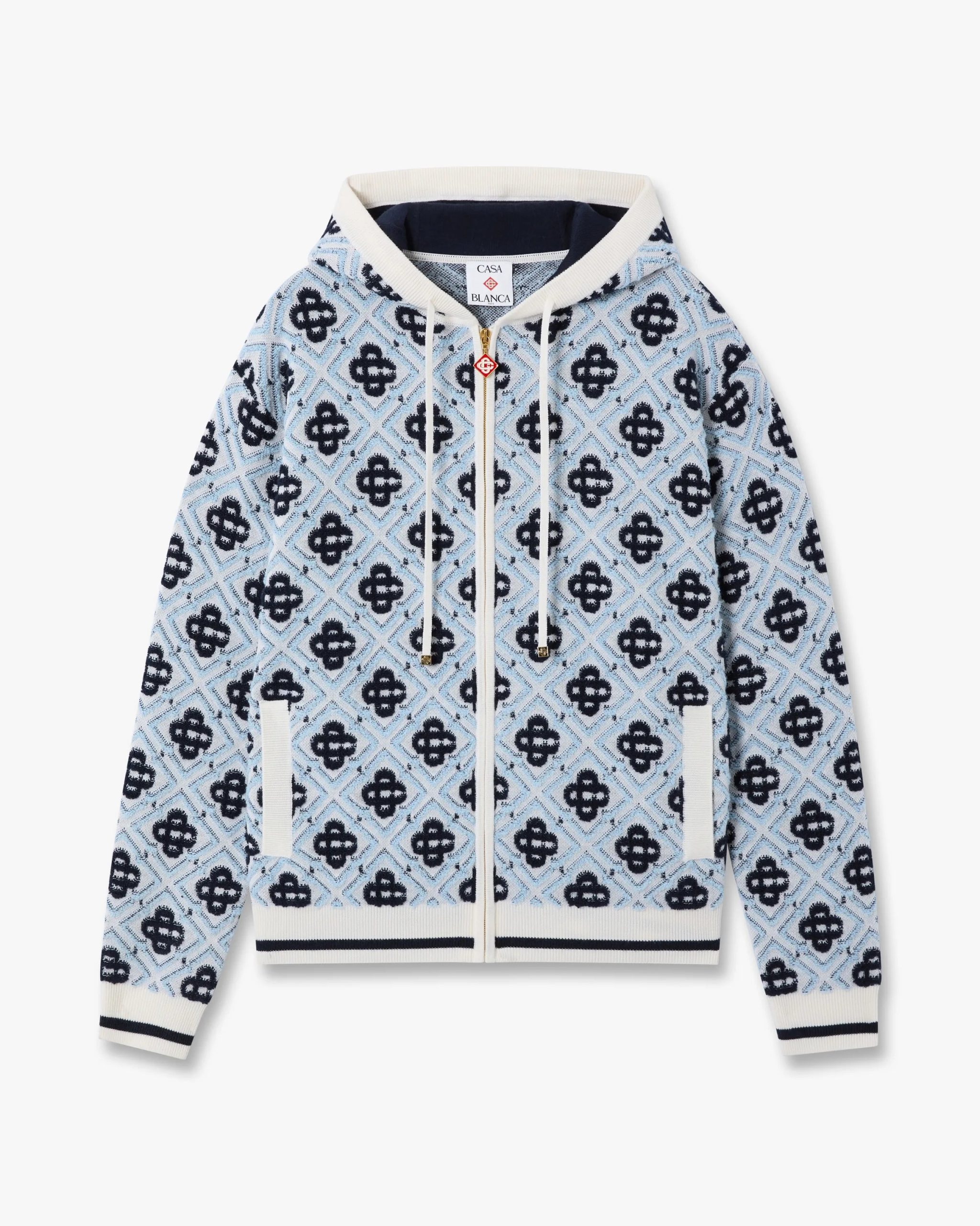 Blue Merino Monogram Zip-Up Hooded Sweatshirt