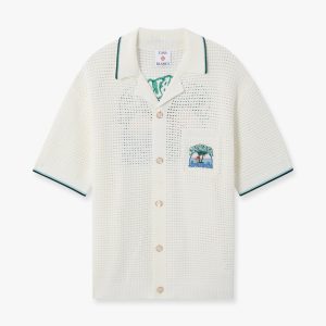 White Palm Tree Emblem Crochet Short Sleeve Shirt
