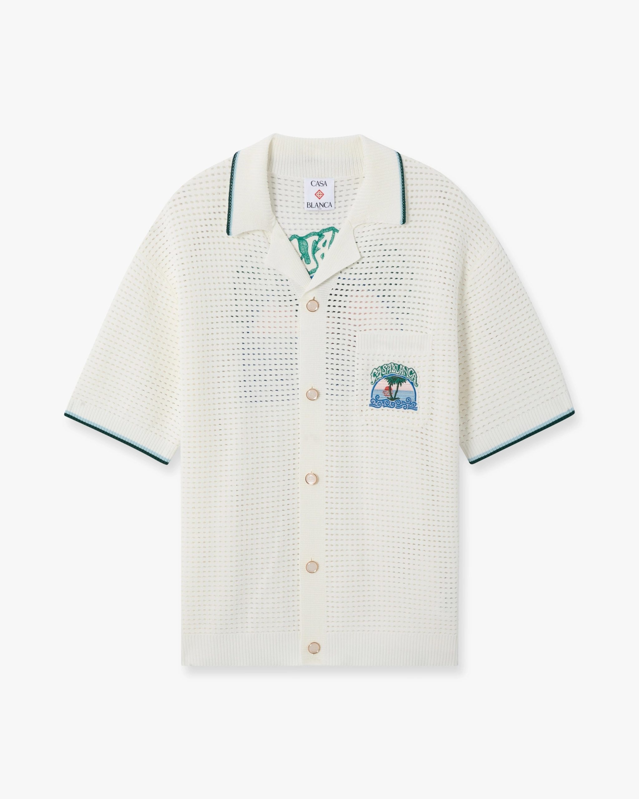 White Palm Tree Emblem Crochet Short Sleeve Shirt