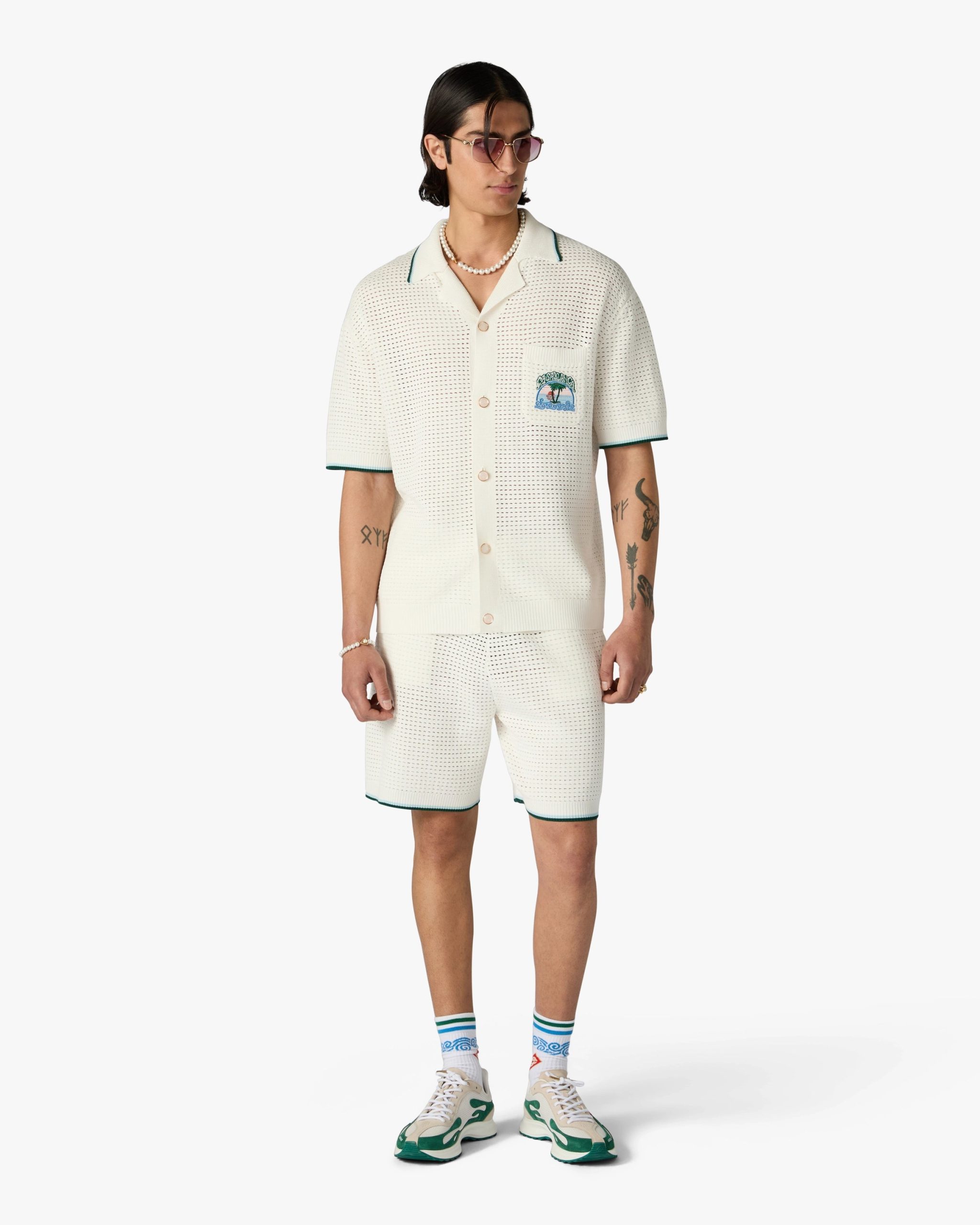 White Palm Tree Emblem Crochet Short Sleeve Shirt - Image 2