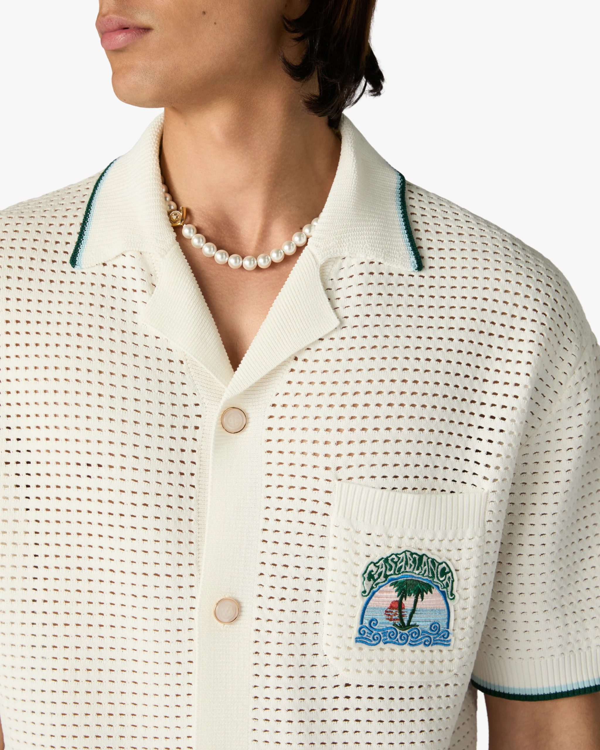 White Palm Tree Emblem Crochet Short Sleeve Shirt - Image 5
