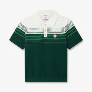 White & Green Boucle Stripe Short Sleeve Polo Shirt