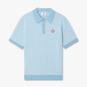 Light Blue Pinstripe Short Sleeve Knit Polo Shirt