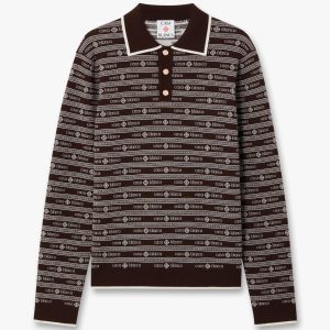 Dark Brown Knit Logo Long Sleeve Polo Shirt