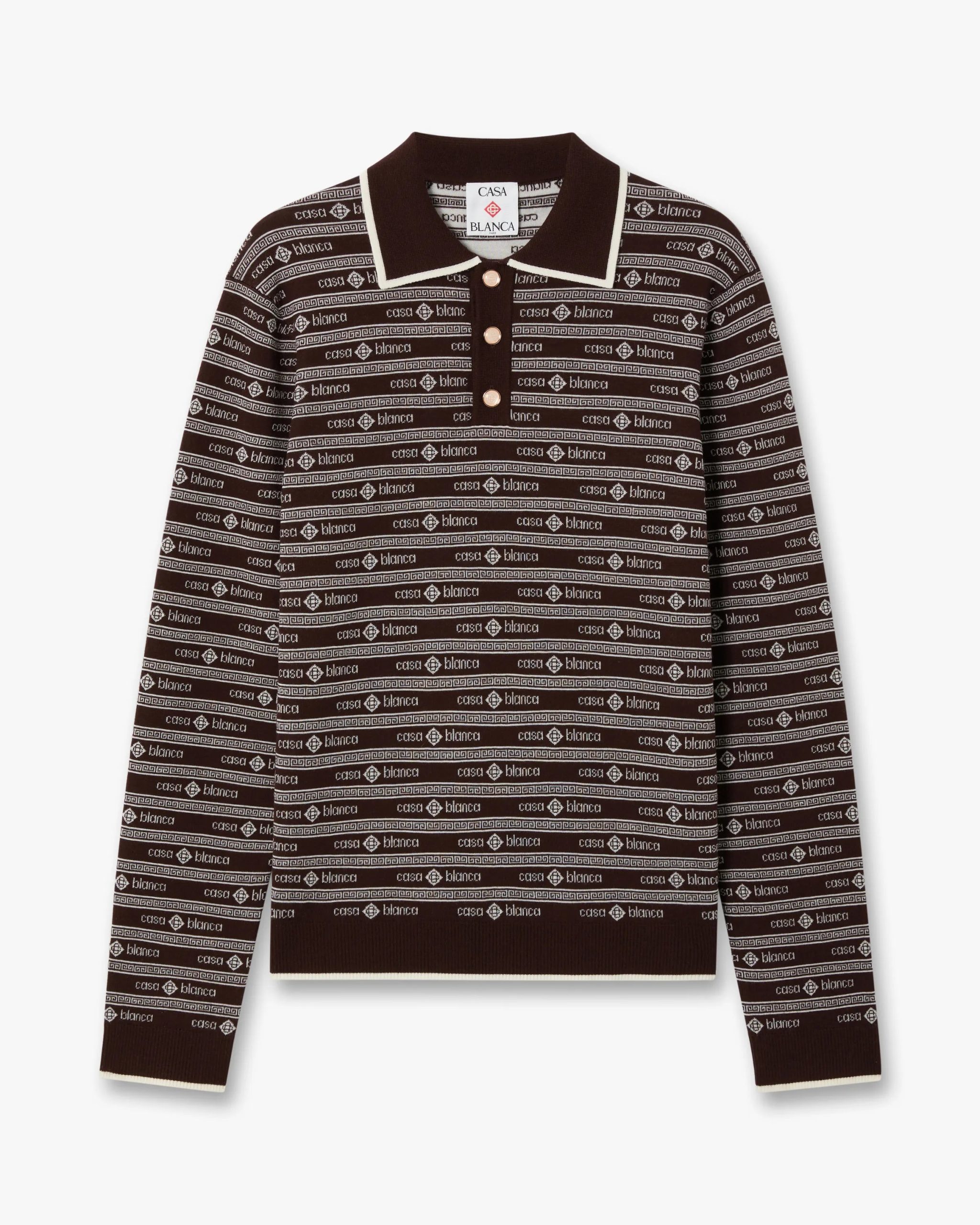 Dark Brown Knit Logo Long Sleeve Polo Shirt
