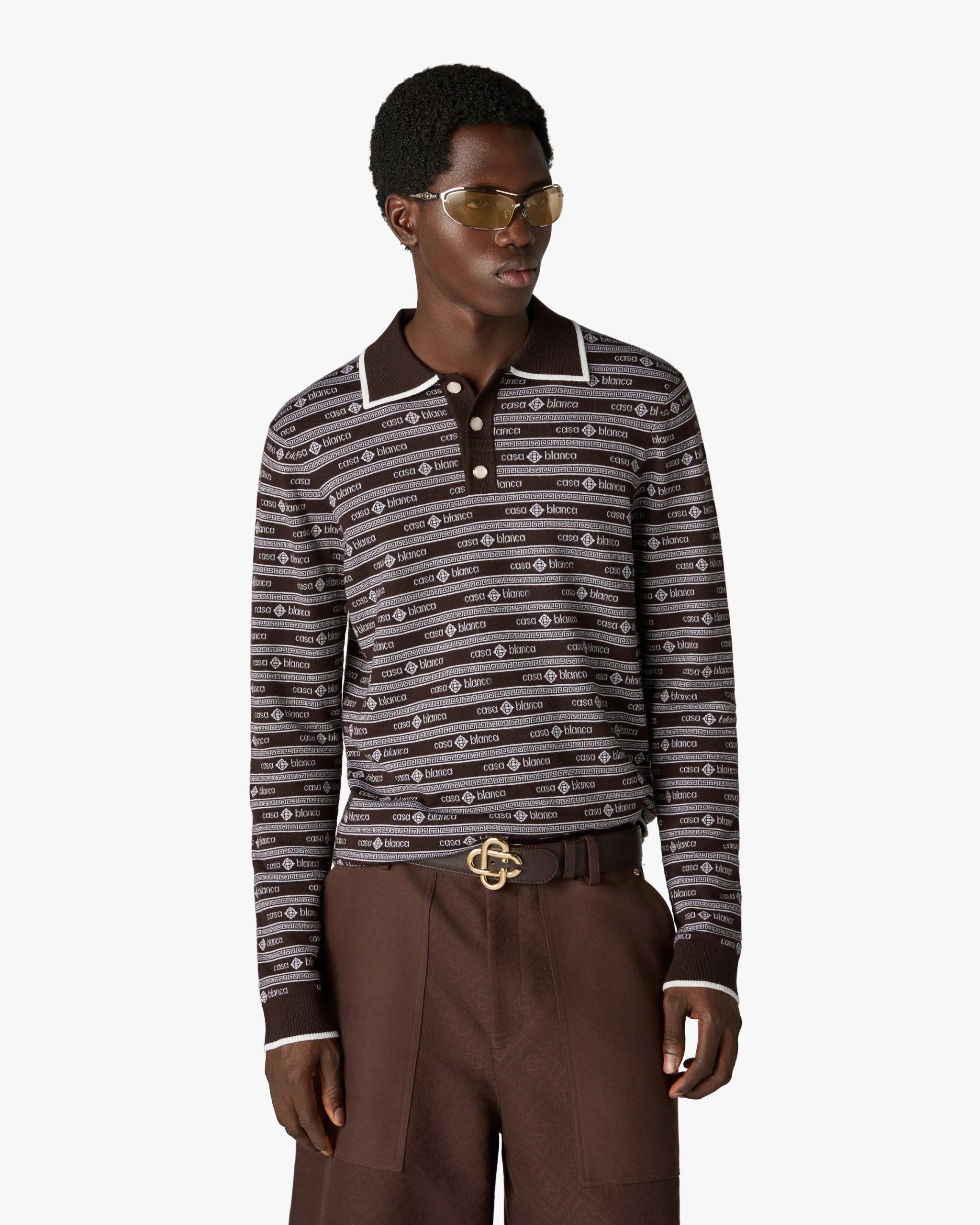 Dark Brown Knit Logo Long Sleeve Polo Shirt - Image 4