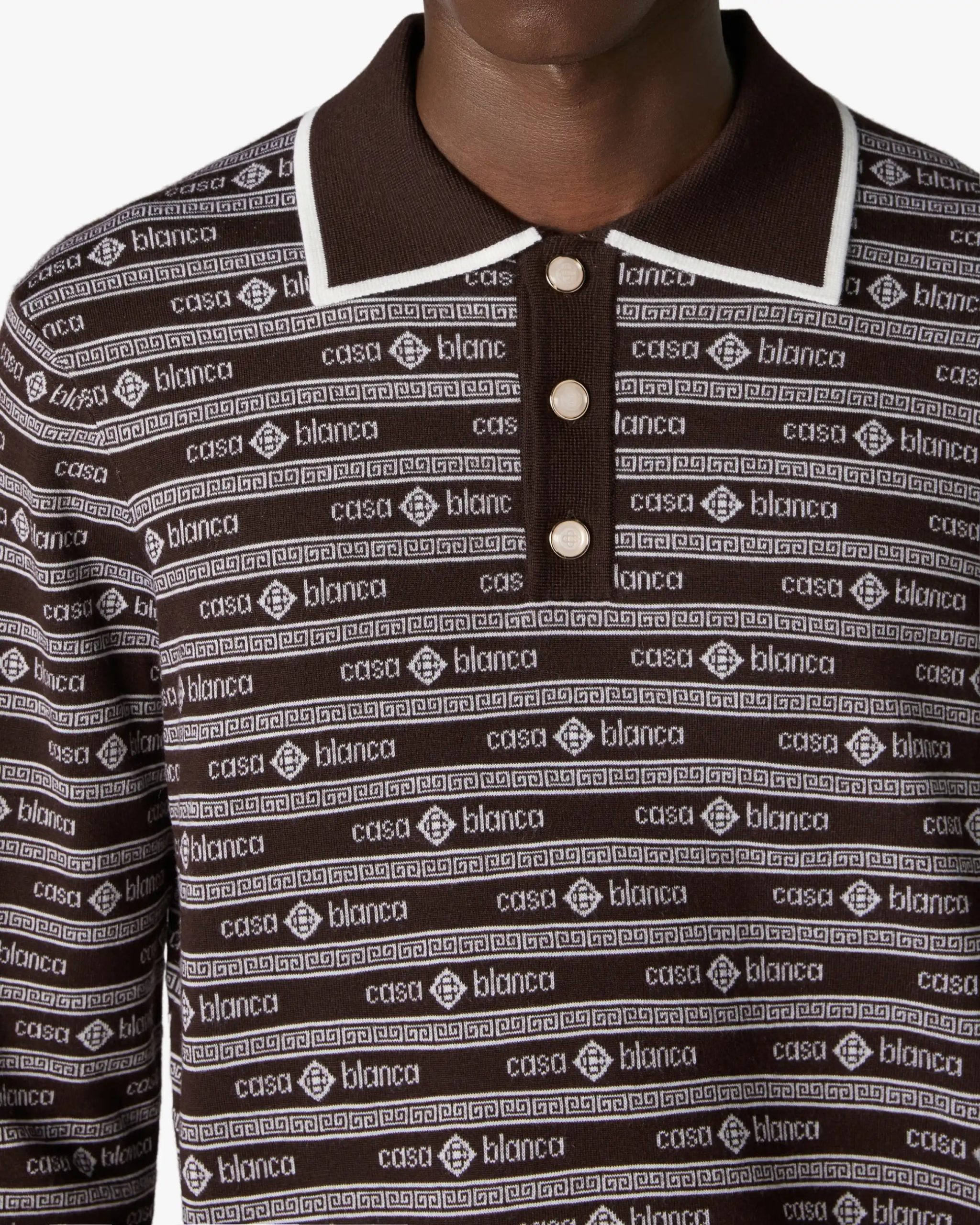 Dark Brown Knit Logo Long Sleeve Polo Shirt - Image 5