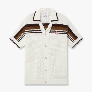 White & Brown Tennis Stripe Crochet Short Sleeve Shirt