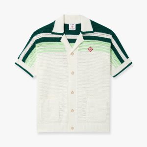 Green & White Tennis Stripe Crochet Short Sleeve Shirt