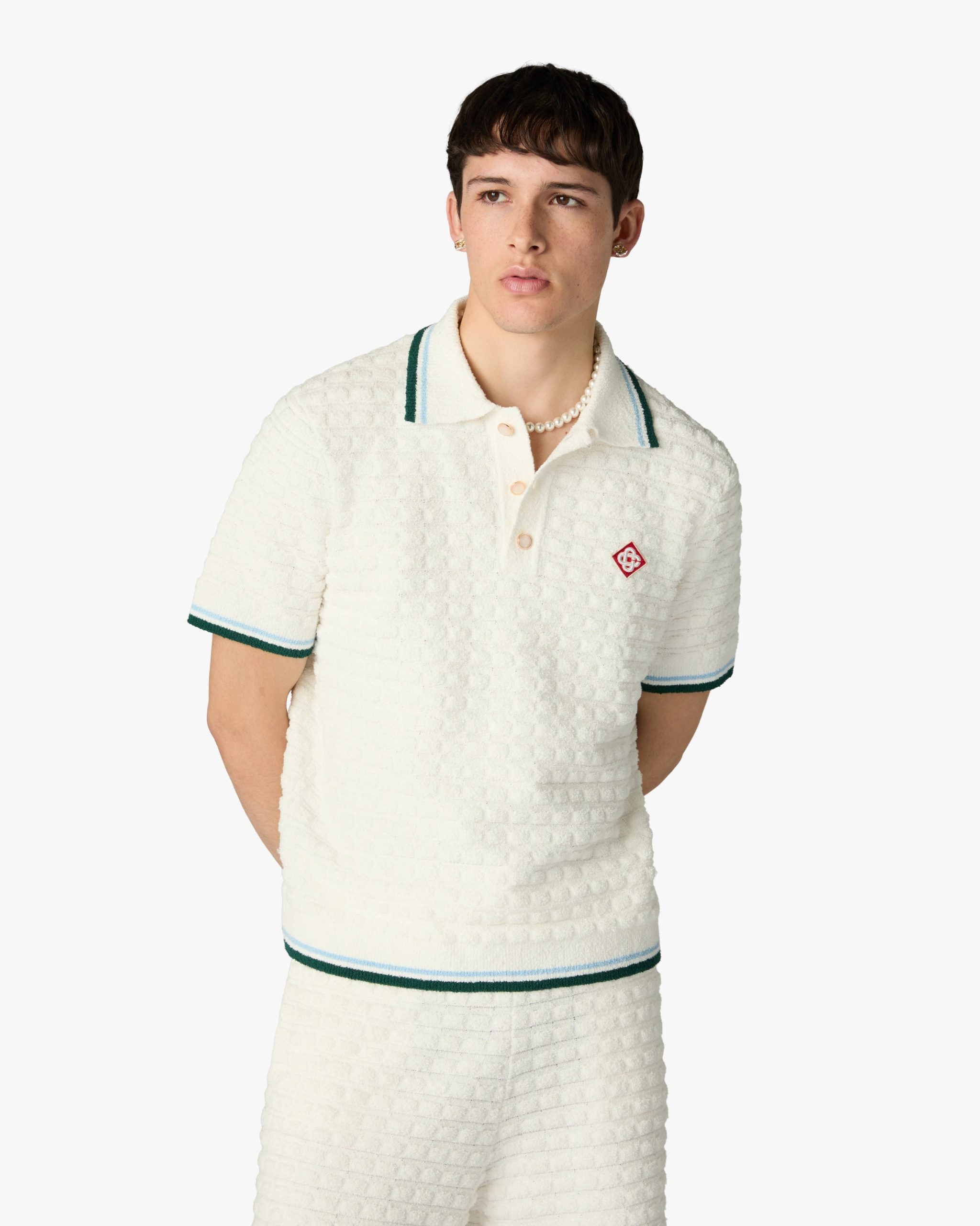 White Boucle Short Sleeve Polo Shirt - Image 4