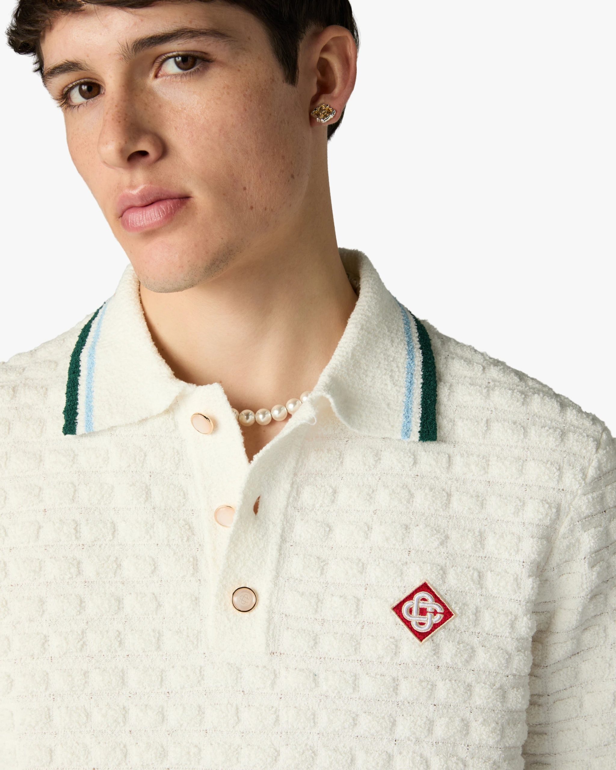 White Boucle Short Sleeve Polo Shirt - Image 5