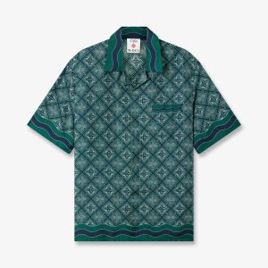 Dark Green Radiating Monogram Short Sleeve Silk Shirt