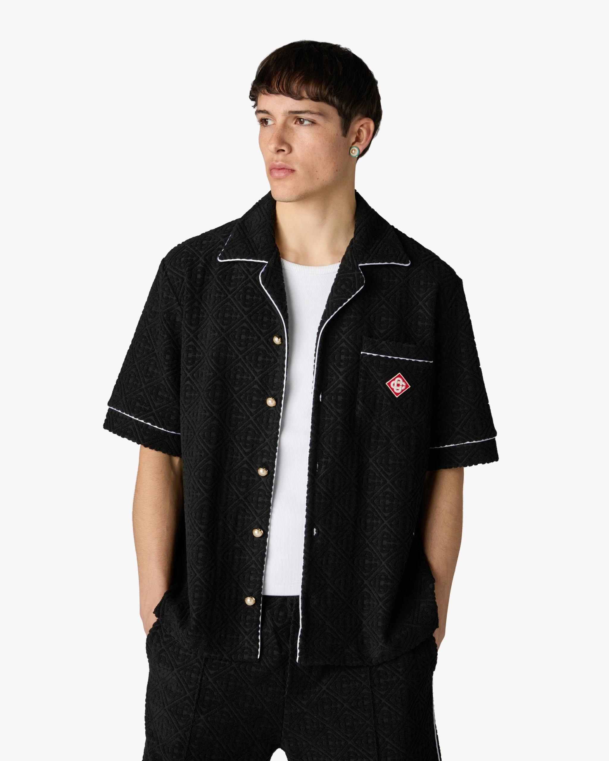 Black Towelling Monogram Short Sleeve Shirt - Image 4