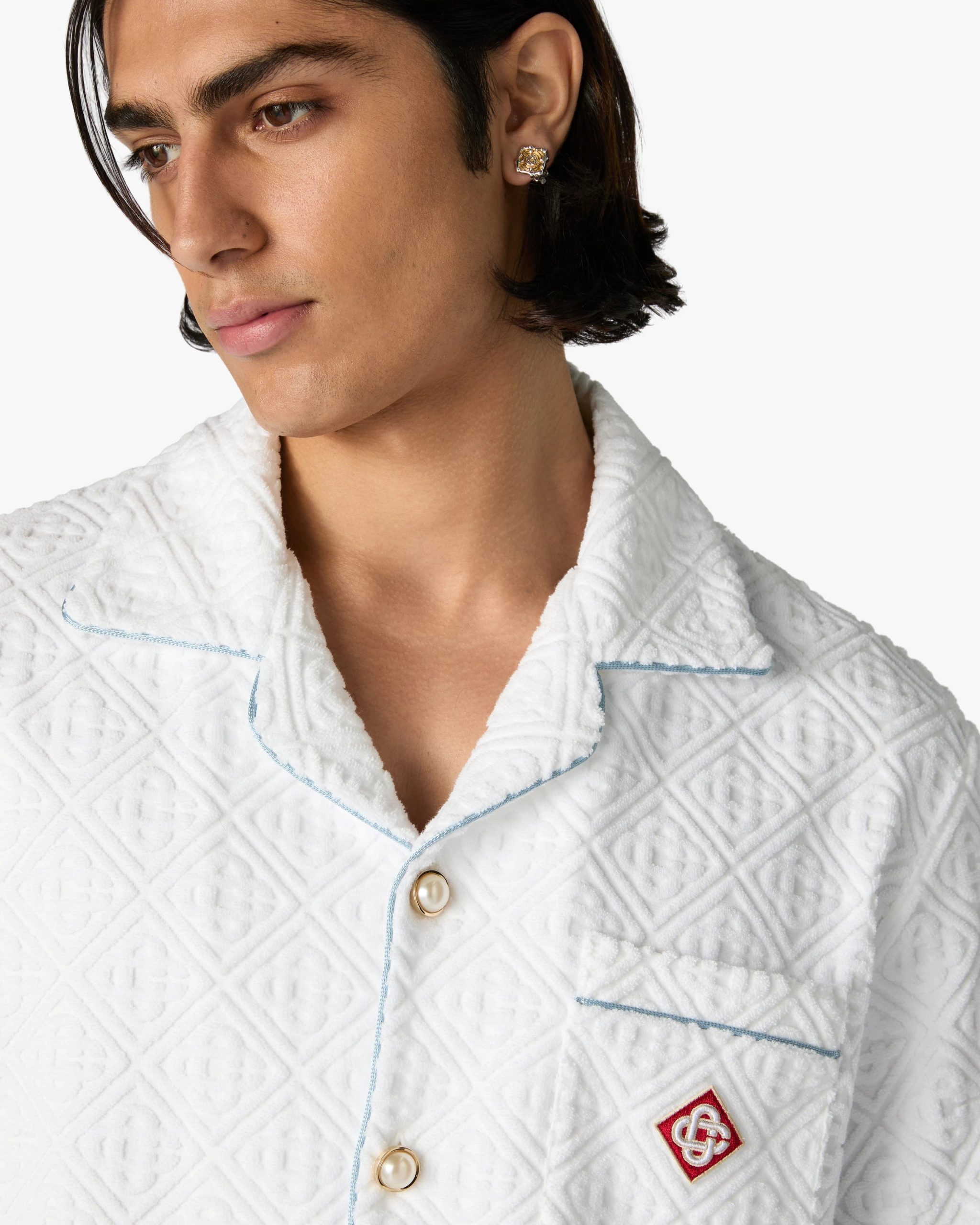White Towelling Monogram Short Sleeve Shirt - Image 5