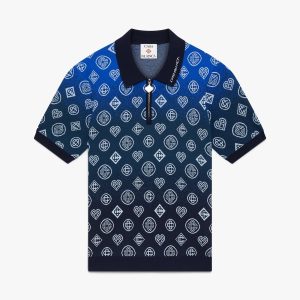 Navy Gradient Monogram Knitted Short Sleeve Polo Shirt