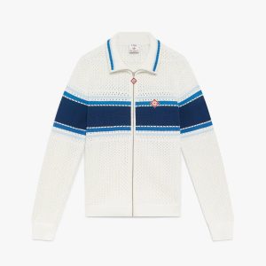 White & Blue Striped Mesh Track Jacket
