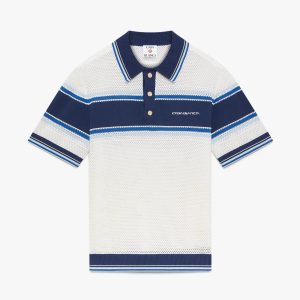 White & Blue Striped Mesh Short Sleeve Polo Shirt