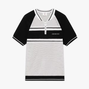 Metallic Mesh Stripe Zip Short Sleeve Polo Shirt