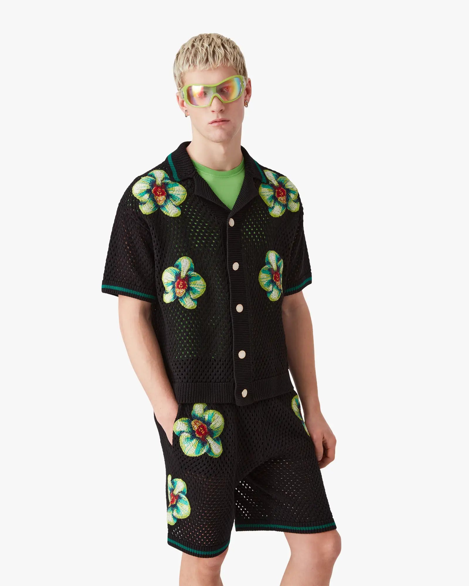 Glitch Orchid Embroidered Short Sleeve Crochet Shirt - Image 4