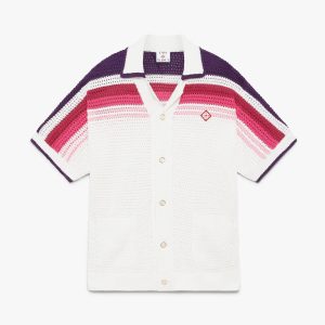 White & Pink Stripe Short Sleeve Crochet Shirt