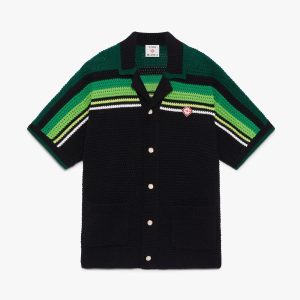 Black & Green Striped Short Sleeve Crochet Shirt