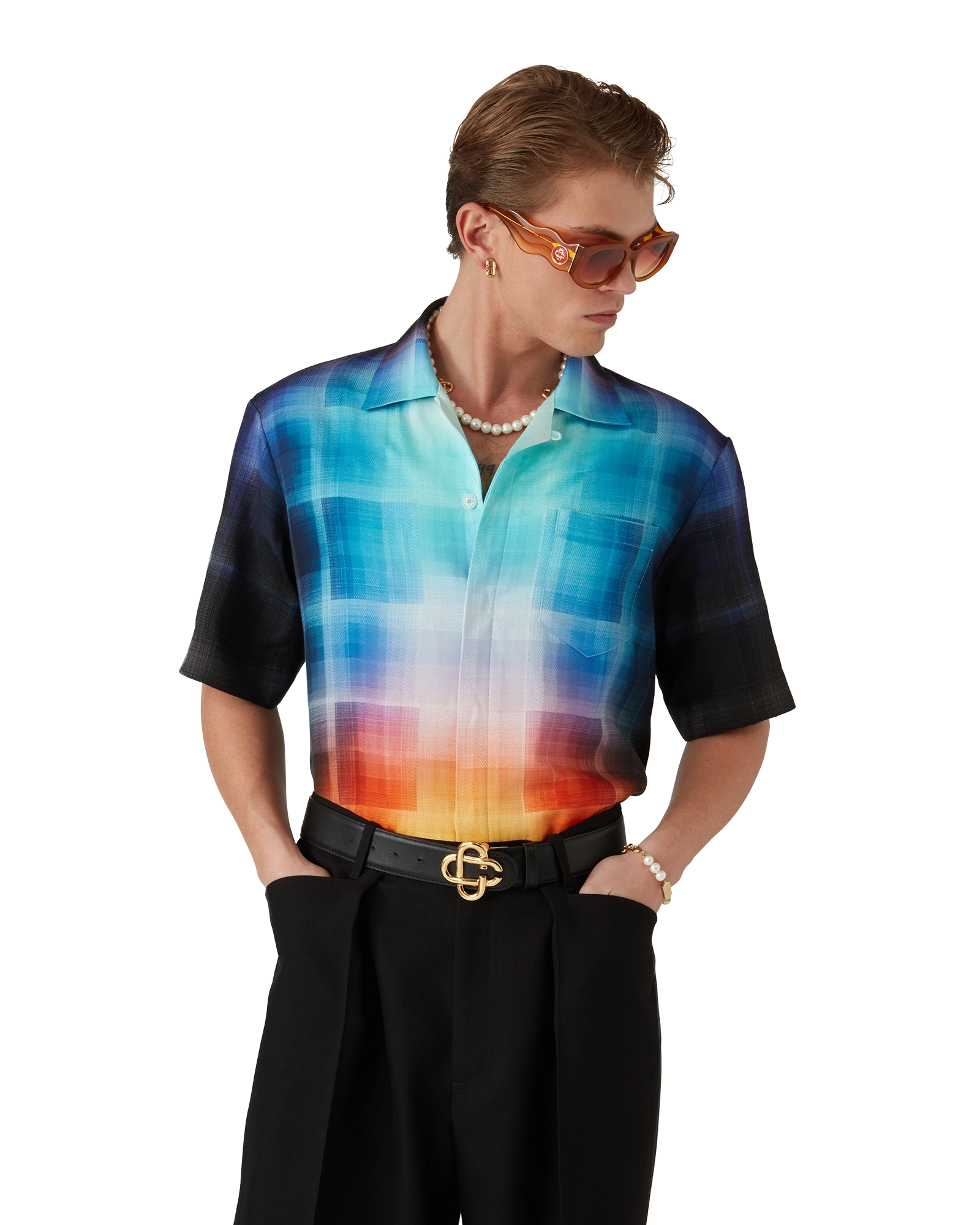 Gradient Check Viscose Blend Short Sleeve Shirt - Image 8