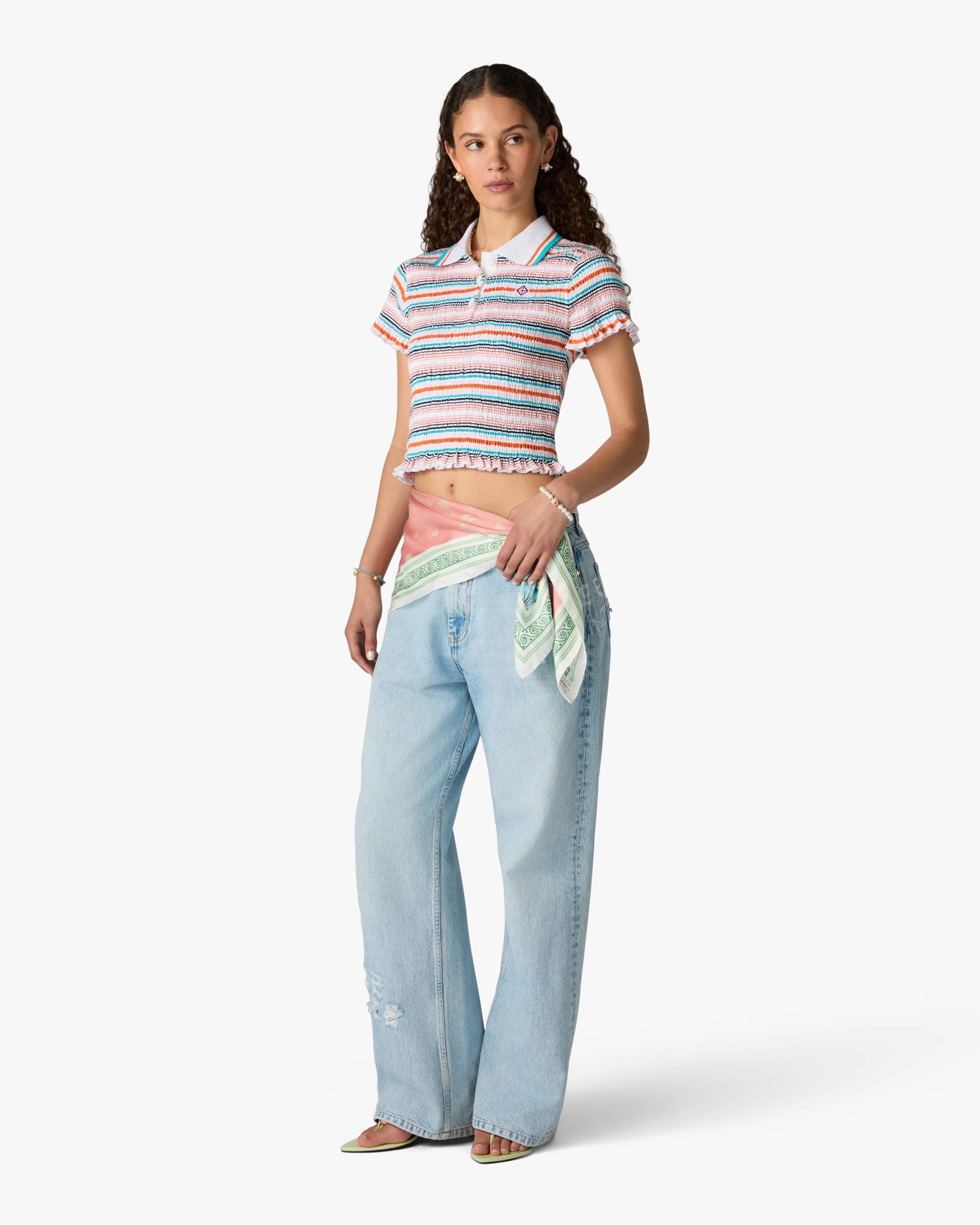 Multicolour Striped Shirred Short Sleeve Polo Shirt - Image 2
