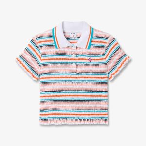 Multicolour Striped Shirred Short Sleeve Polo Shirt