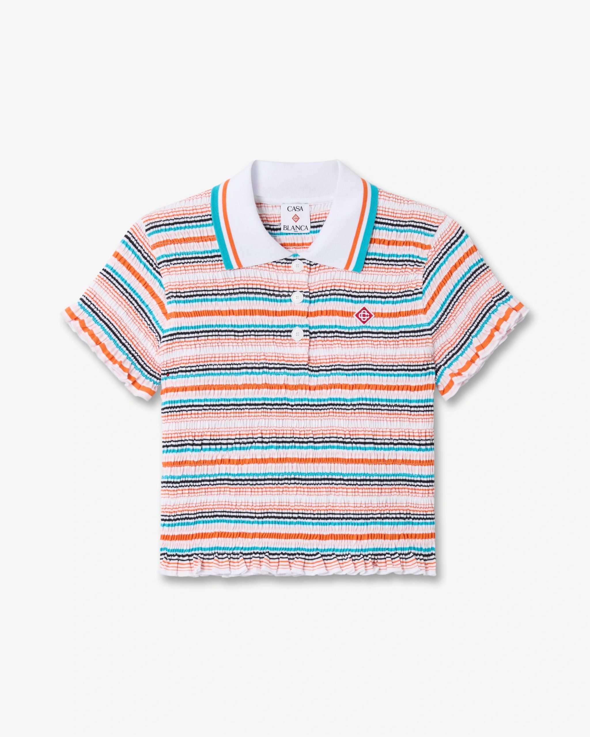 Multicolour Striped Shirred Short Sleeve Polo Shirt
