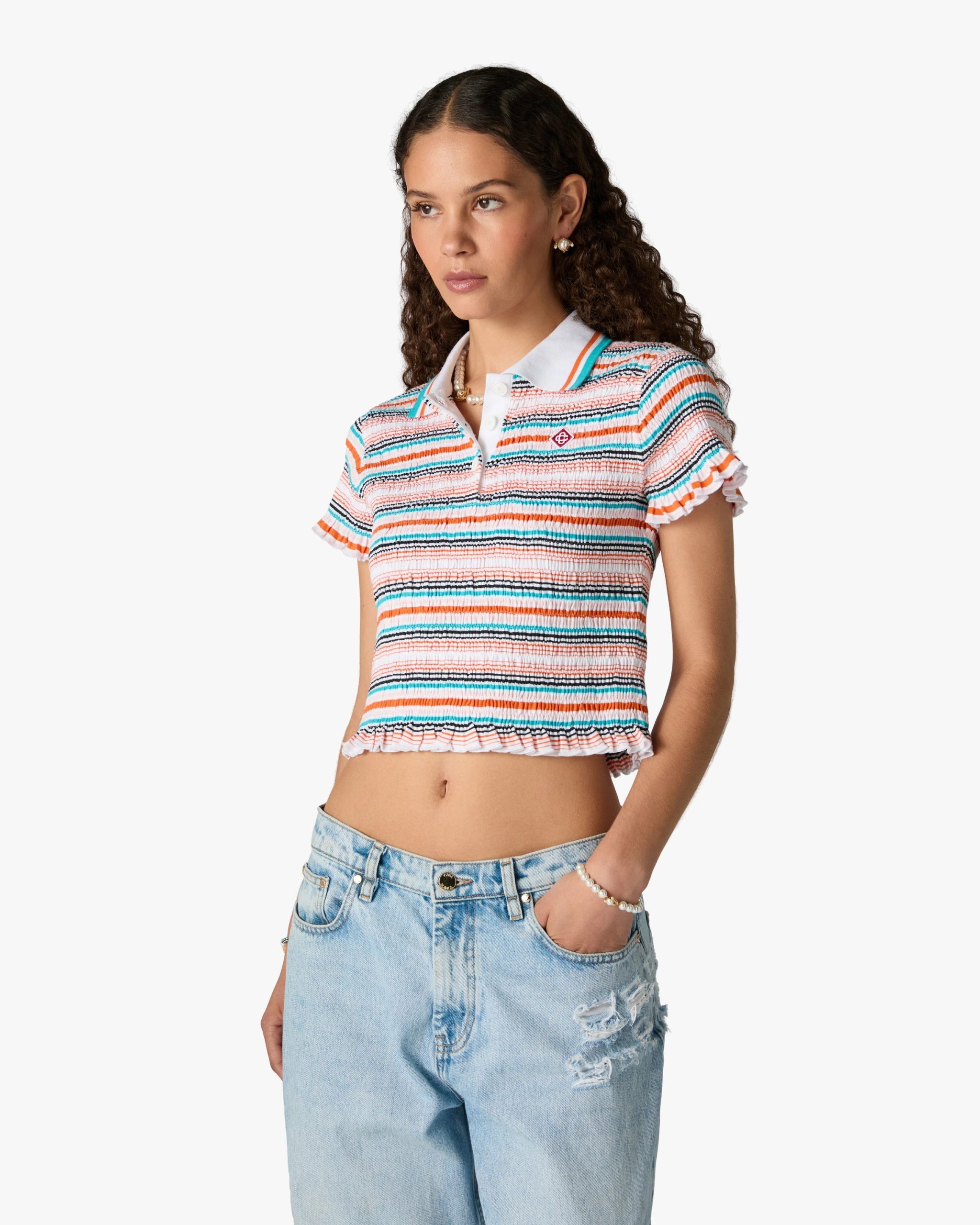 Multicolour Striped Shirred Short Sleeve Polo Shirt - Image 4