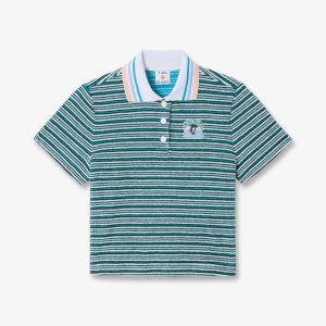 Teal Striped Towelling Short Sleeve Polo Shirt