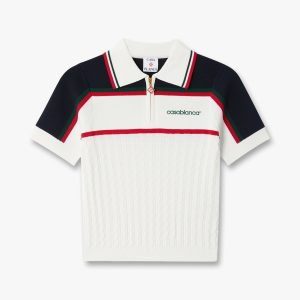 Cream & Navy Knit Tennis Short Sleeve Polo Shirt