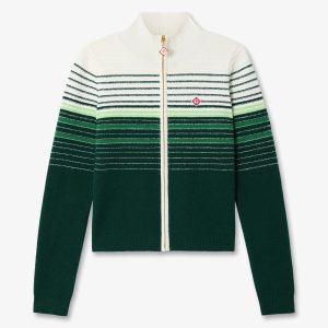 White & Green Boucle Stripe Zip-Up Track Jacket